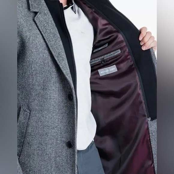 NWT 42L Michael Kors Men's Pike Slim-Fit Top Coat black/white Herringbone - Picture 3 of 11